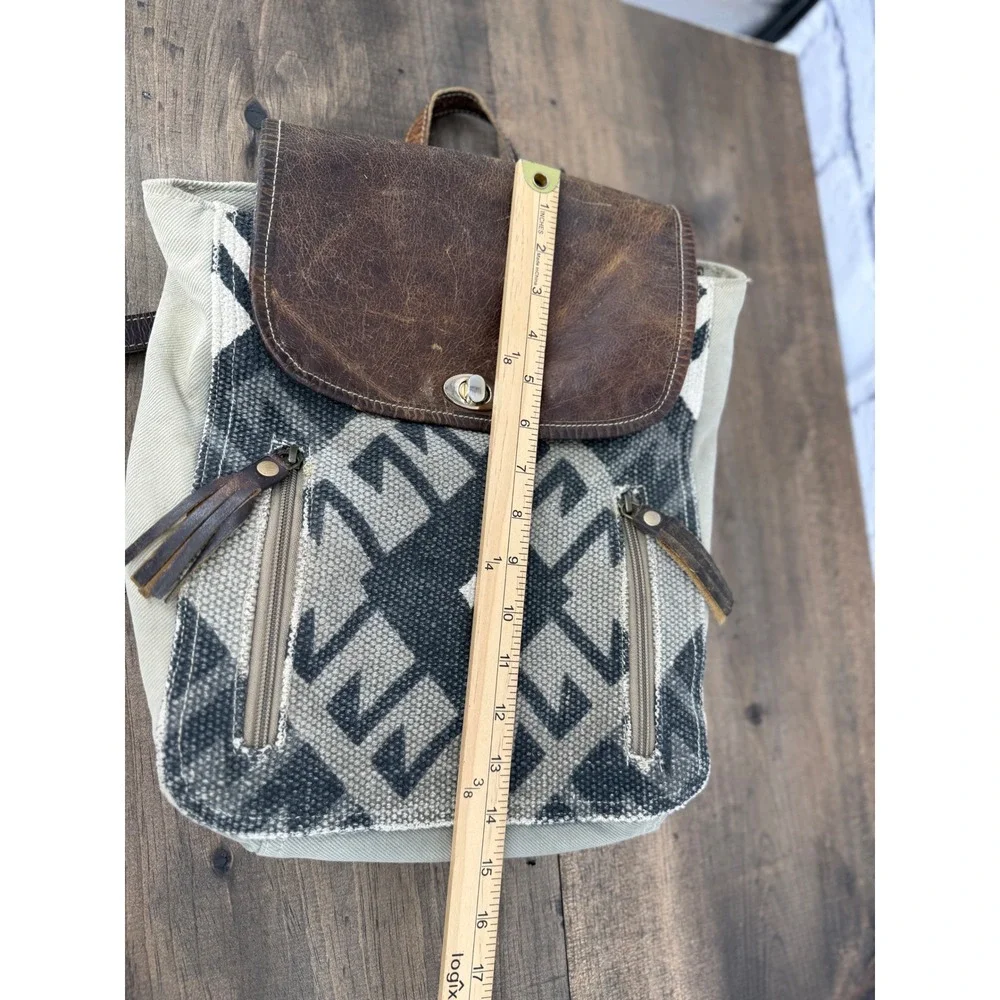 Myra Bag Felicity Backpack Upcycled Canvas Leather Rug Backpack Brown Tan